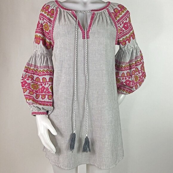 Sz S Ivy Jane Adele Boho Mini Dress Stripes Embroidered Balloon Sleeves - Picture 2 of 16